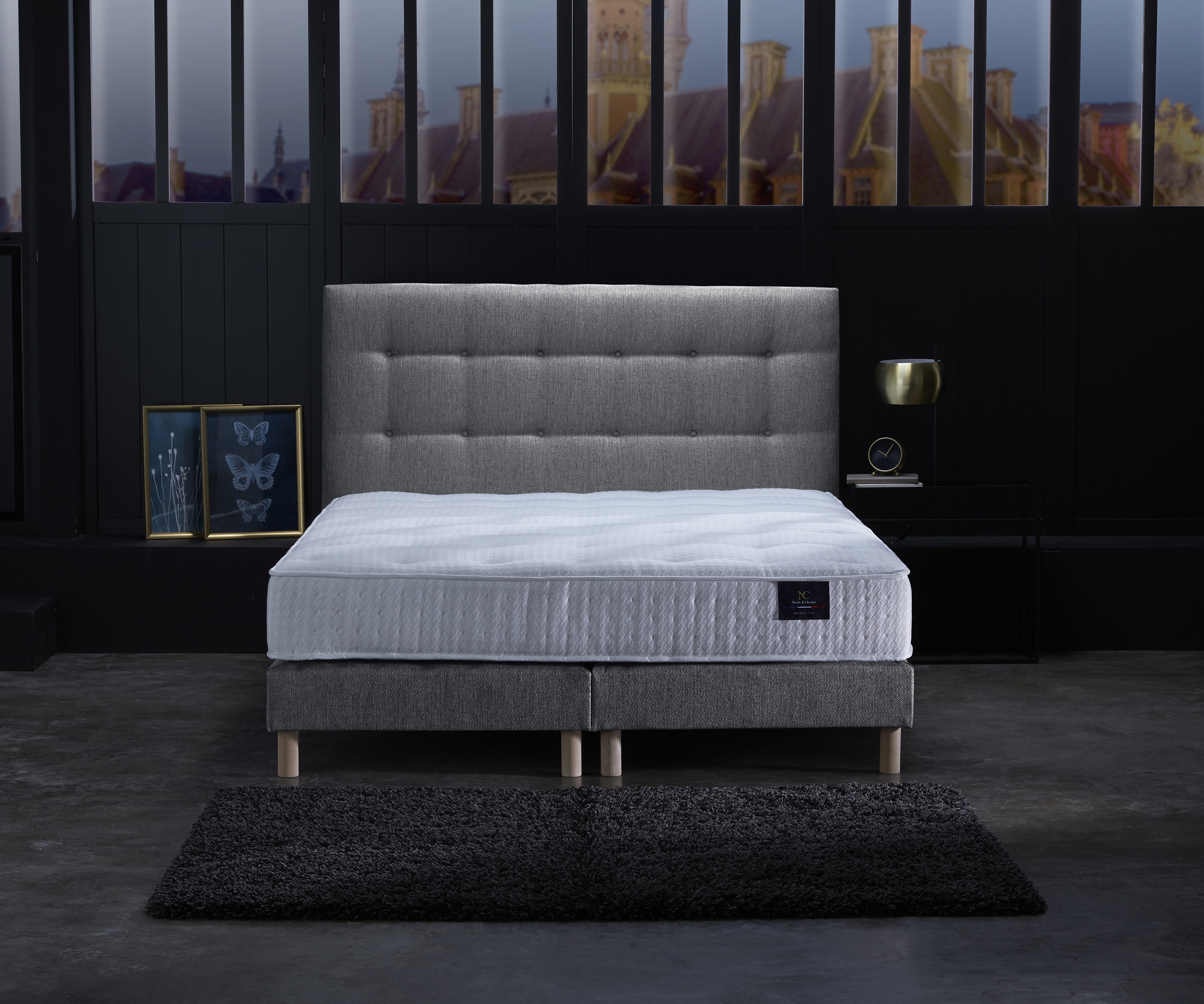 Matelas ressorts, 27 cm, mémoire de forme, sommier et tête de lit