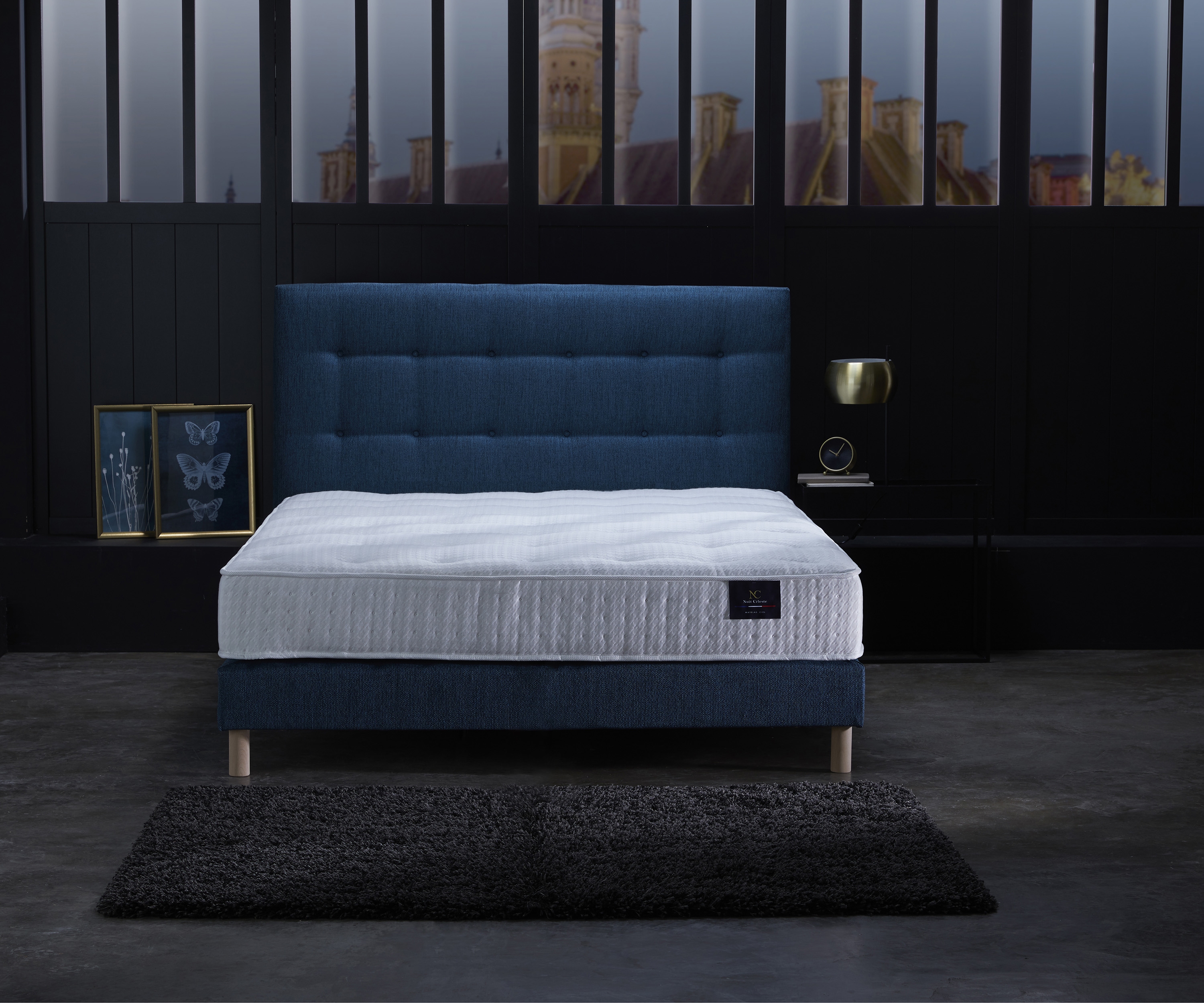 Matelas ressorts, 27 cm, mémoire de forme, sommier et tête de lit