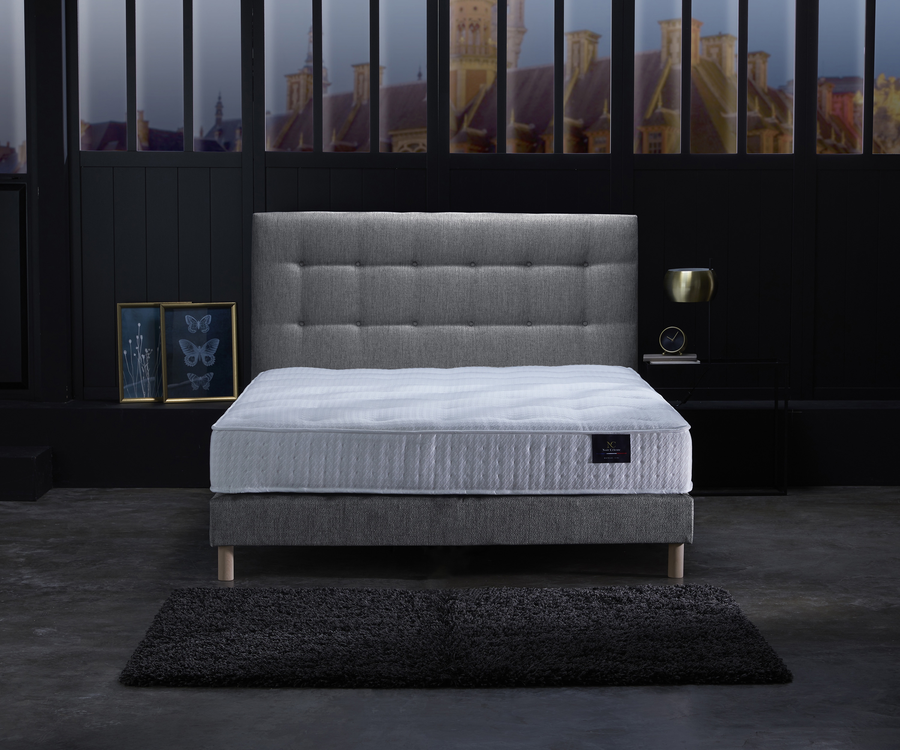 Matelas ressorts, 27 cm, mémoire de forme, sommier et tête de lit