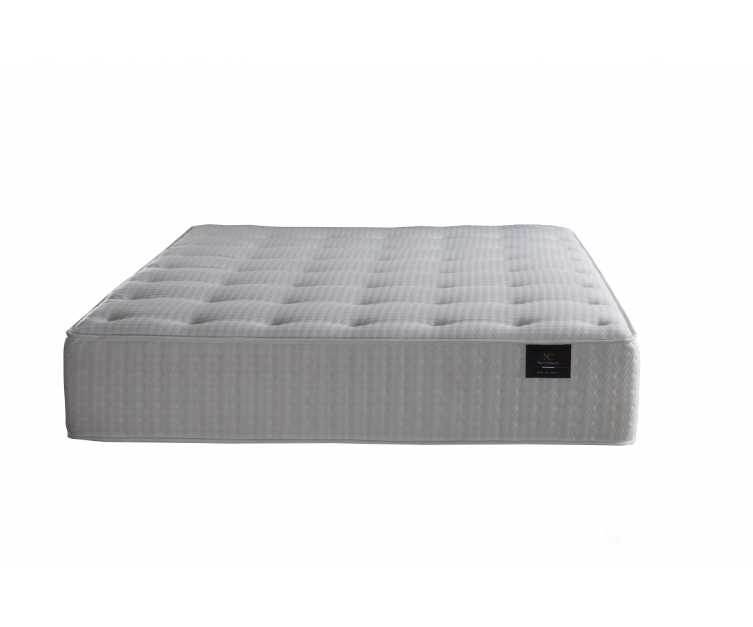 Ensemble matelas ressorts HELIOS, mémoire de forme, sommier et tête de lit capitonnée