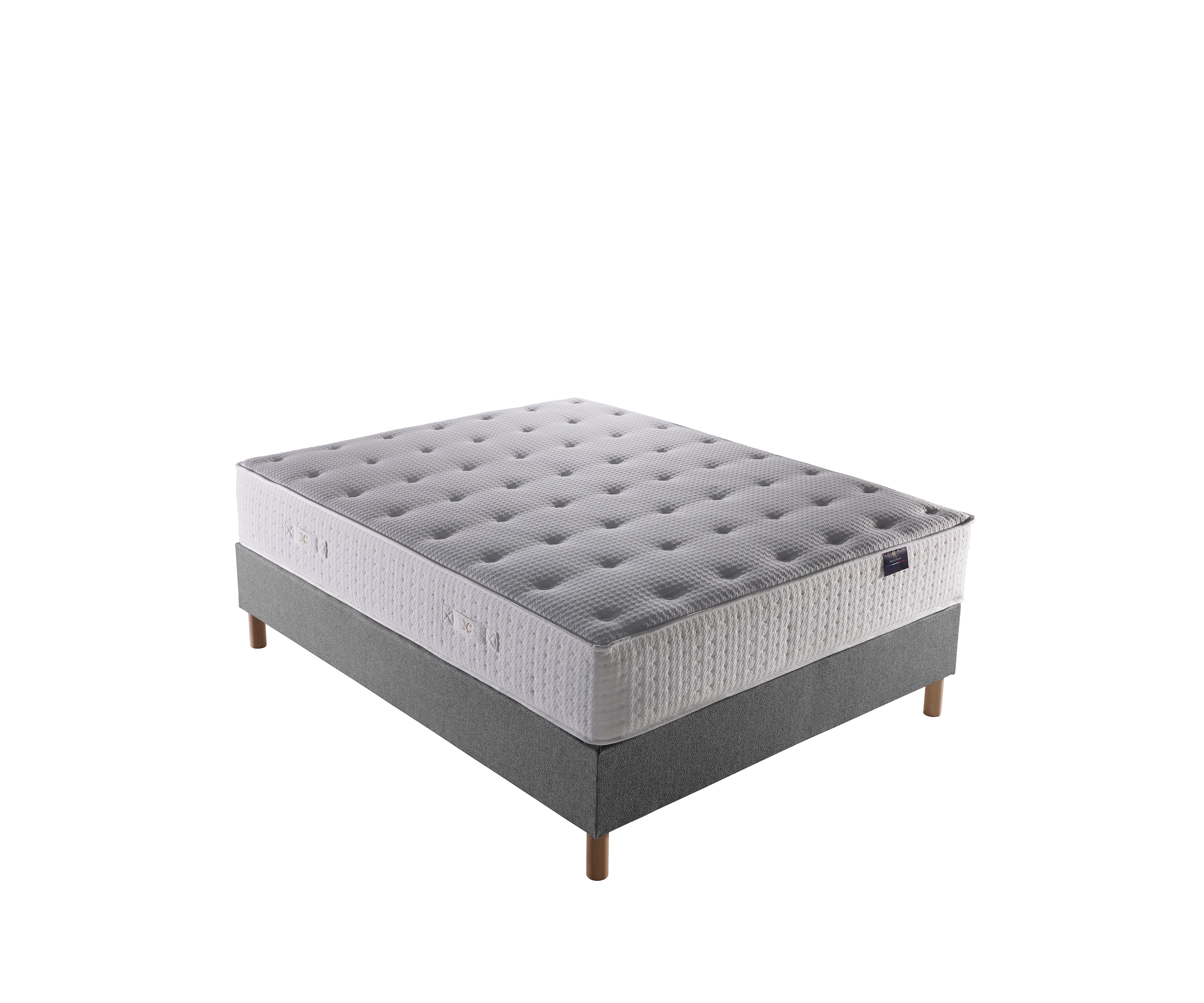 Ensemble matelas ressorts HELIOS, mémoire de forme, sommier et tête de lit capitonnée