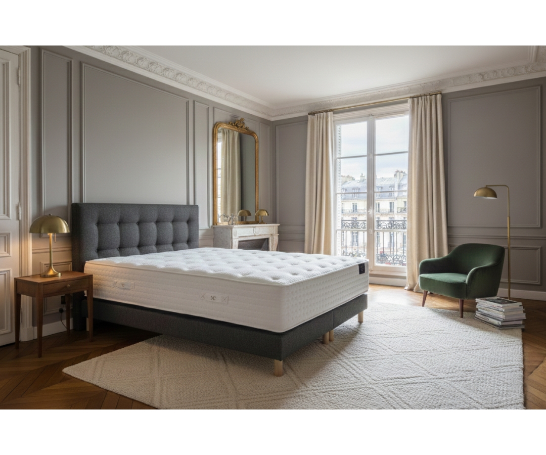 Ensemble matelas ressorts, sommier PEFC et tête de lit écoconçue