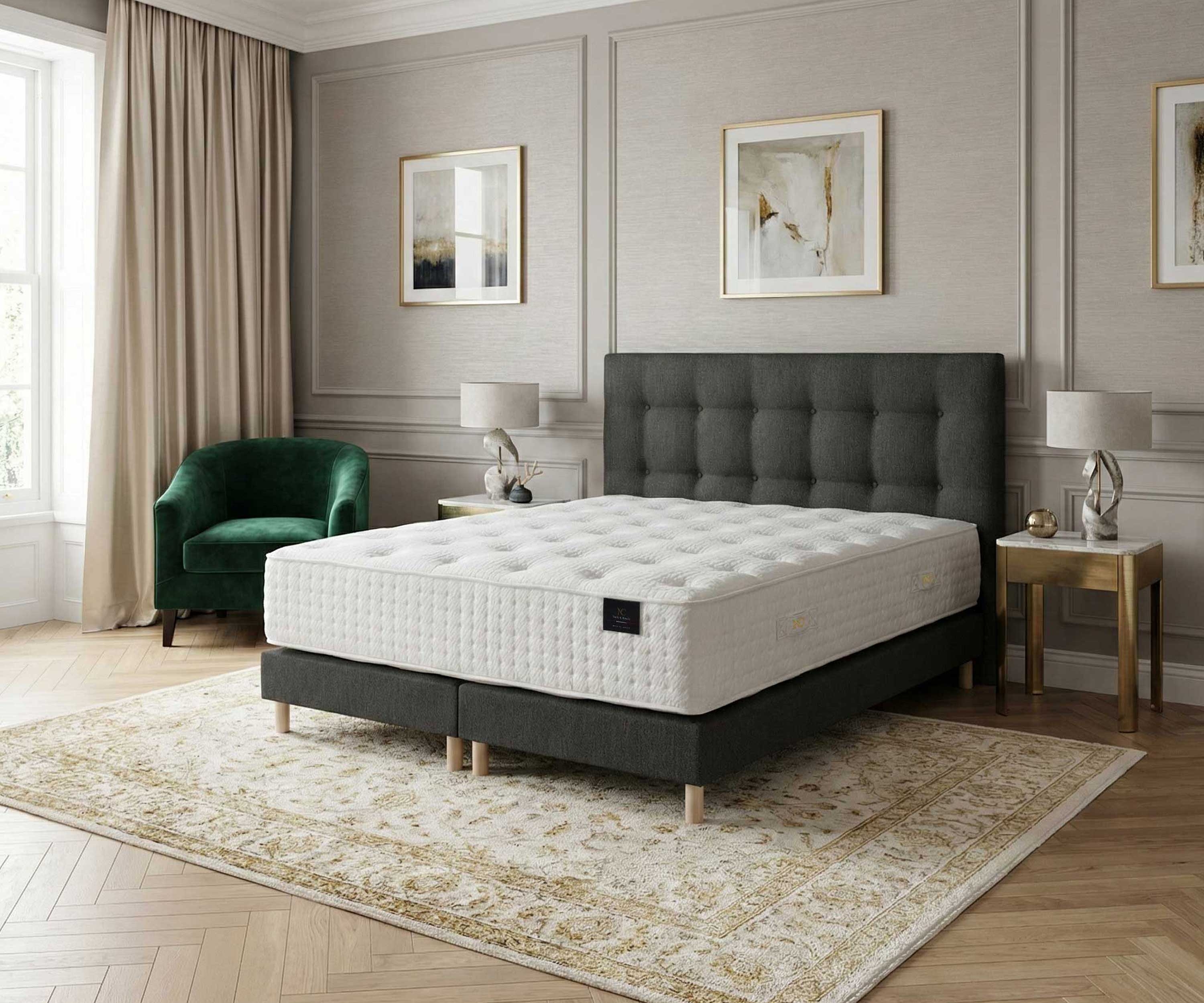 Ensemble matelas mousse, 29 cm, sommier tapissier et tête de lit