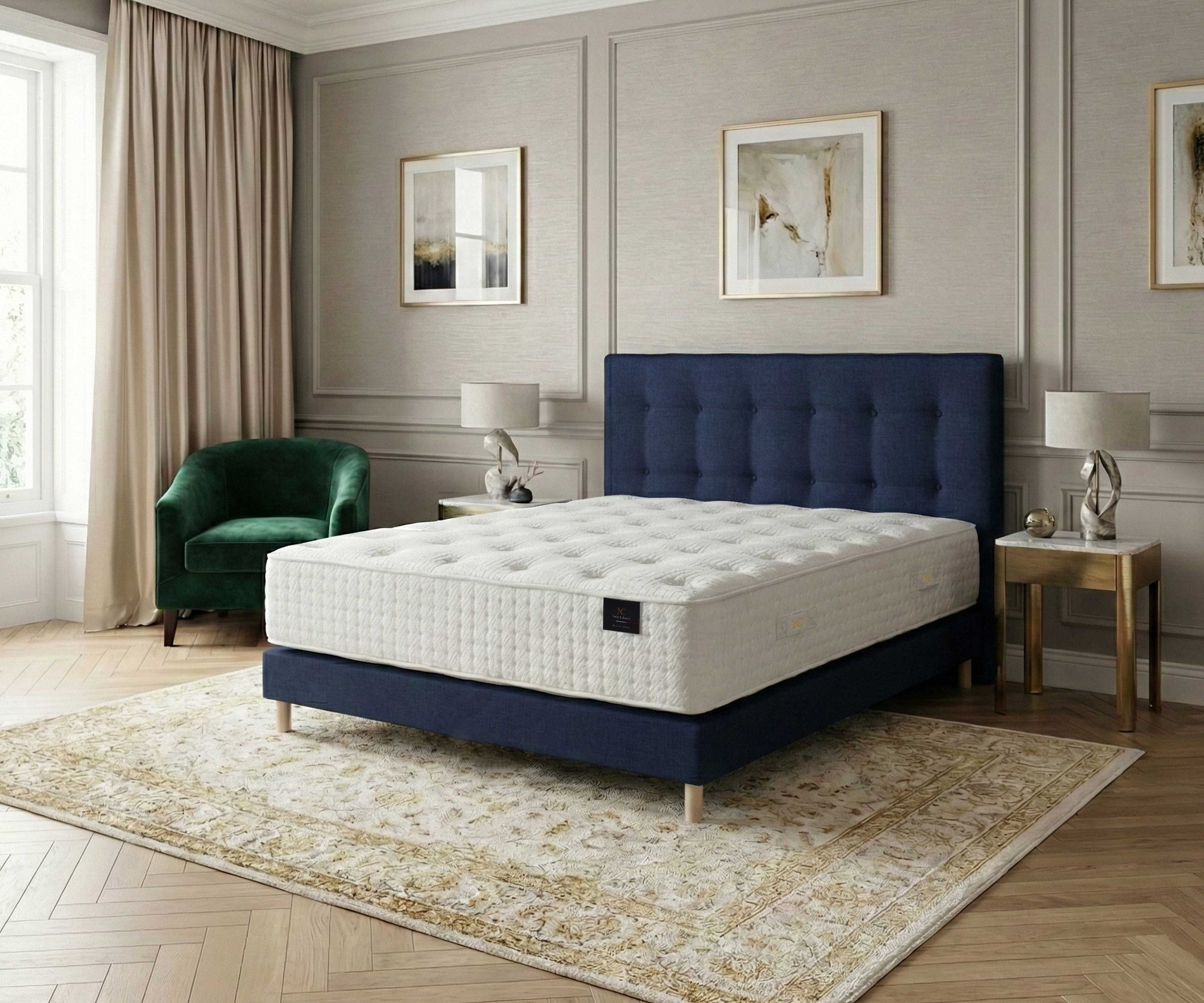 Ensemble matelas mousse, 29 cm, sommier tapissier et tête de lit