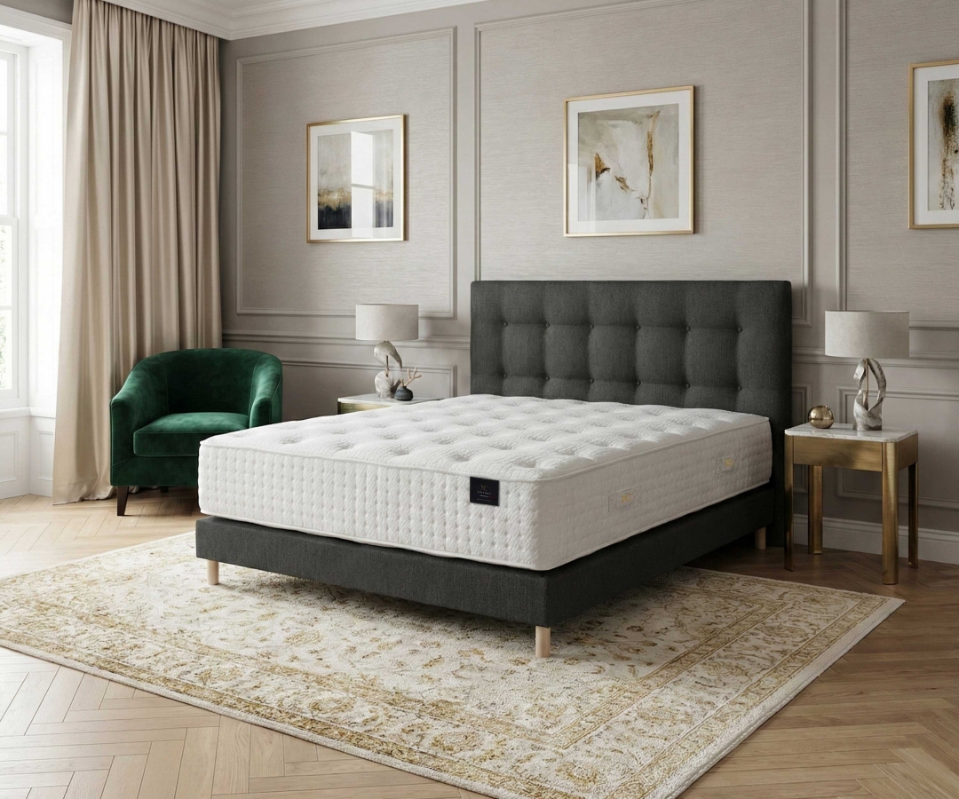 Ensemble matelas mousse, 29 cm, sommier tapissier et tête de lit