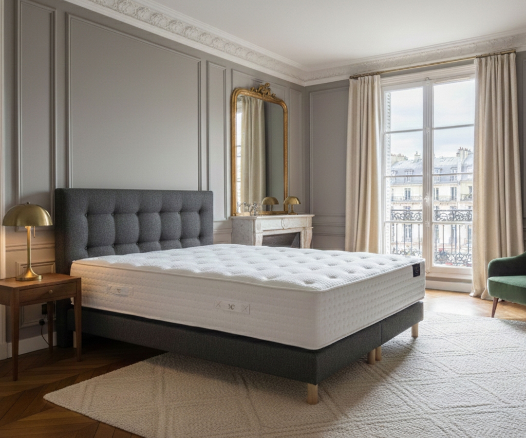 Ensemble matelas ressorts, sommier PEFC et tête de lit écoconçue